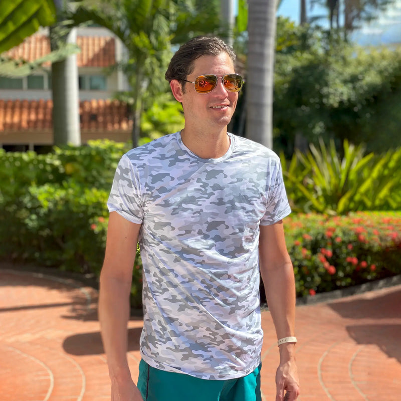man wearing gray camo sun protection shirt